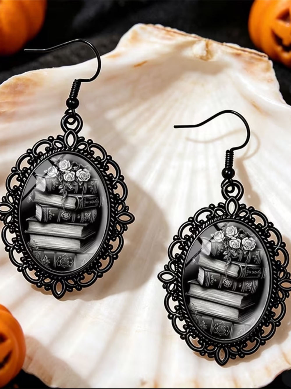 📖 Black Vintage Victorian Book Stack Oval Drop Earrings